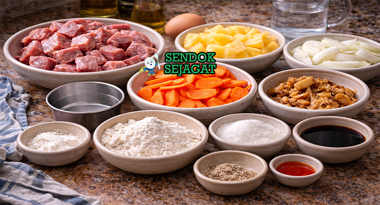 Bahan-bahan resep tangsuyuk terdiri dari daging babi potong dadu, tepung terigu dan maizena, bawang bombay, wortel, nanas serta bumbu saus asam manis siap digoreng dan dibalut di dapur rumah