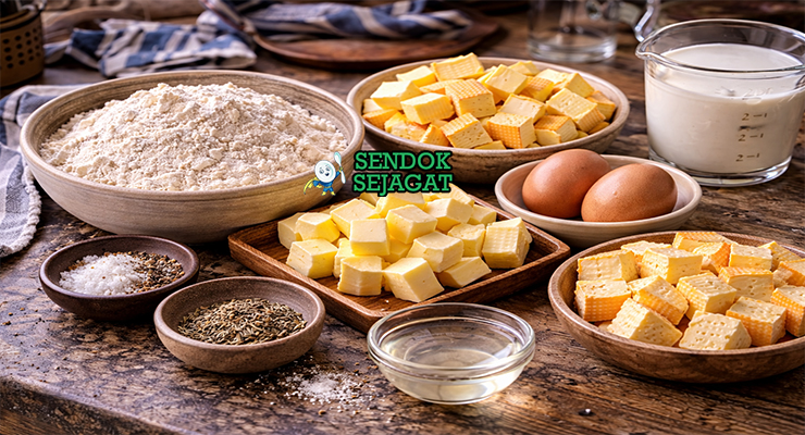 Koleksi bahan resep Tarte aux Maroilles termasuk keju Maroilles, tepung terigu, mentega, telur, krim kental, thyme, garam, dan merica siap dipanggang