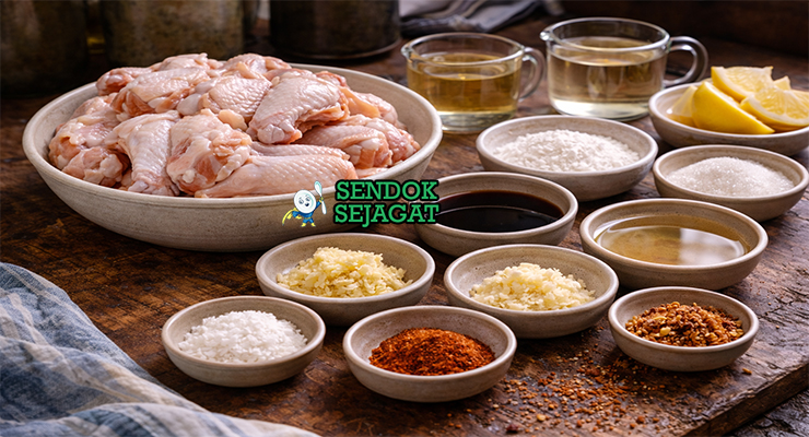 Koleksi bahan resep tebasaki termasuk sayap ayam, jahe, bawang putih, kecap, mirin, sake, dan tepung kentang siap dimasak