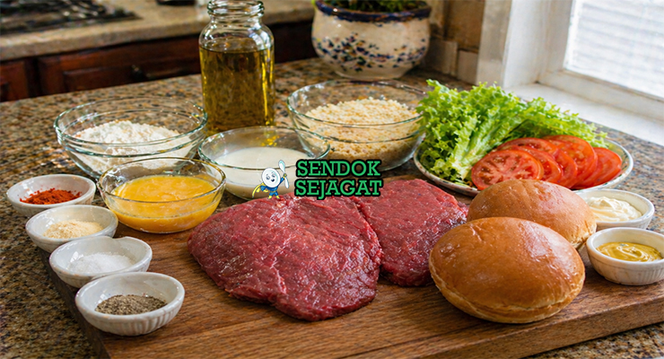 Daging tenderloin, tepung roti, telur, susu, roti bun, dan bumbu tersusun rapi di meja dapur
