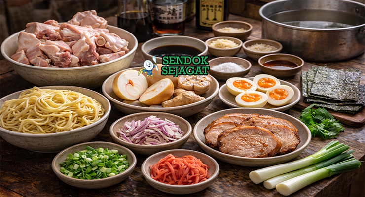Koleksi bahan resep tonkotsu ramen termasuk tulang babi, kulit babi, bawang bombay, jahe, chashu, telur, dan mi ramen siap dimasak