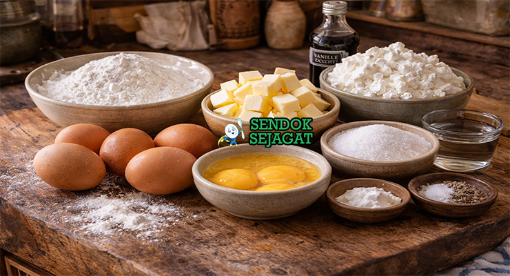 Koleksi bahan resep Tourteau Fromager termasuk keju kambing segar, tepung terigu, mentega, telur, gula, vanila, dan maizena siap dipanggang