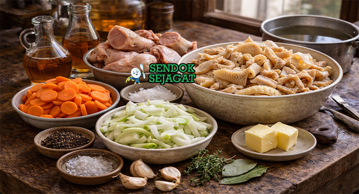 Koleksi bahan resep Tripes à la Mode de Caen termasuk babat sapi, cider apel, bawang bombay, wortel, seledri, thyme, dan Calvados siap dimasak