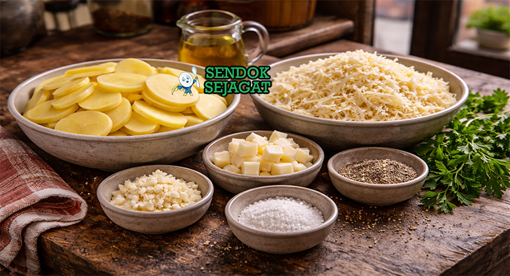 Koleksi bahan resep truffade termasuk kentang, keju Tomme, bawang putih, lemak babi, dan minyak zaitun siap dimasak