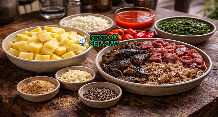 Koleksi bahan resep ukodo termasuk ubi kuning, ikan kering, bawang, cabai scotch bonnet, crayfish, uziza, dan minyak sawit siap dimasak