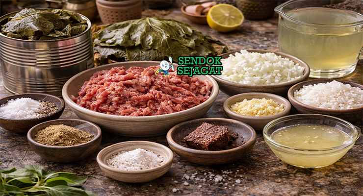 Koleksi bahan resep Warak Enab termasuk daun anggur, daging sapi cincang, beras, bawang bombay, bawang putih, rempah Timur Tengah, dan lemon siap digulung dan direbus