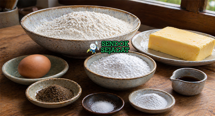 Susunan bahan wattleseed biscuits terdiri dari tepung terigu, mentega, gula, telur, dan bubuk wattleseed dengan tampilan rapi di meja dapur