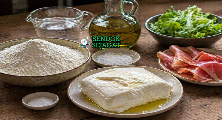 Bahan utama resep focaccia di Recco seperti tepung roti, minyak zaitun, garam, dan keju stracchino segar di meja dapur