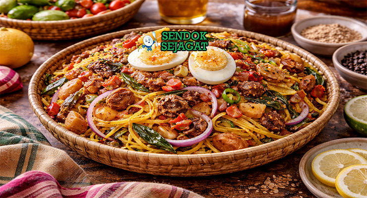 Piring abacha khas Nigeria berisi serpihan singkong renyah berbalut minyak kelapa sawit, ugba, ikan kering, bawang, dan daun utazi yang menggugah selera