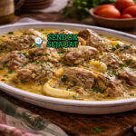 Agnello brodettato khas Italia dengan potongan daging domba empuk dalam saus telur-lemon creamy, disajikan di piring dengan parsley tabur