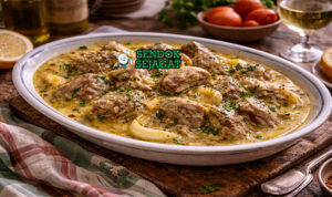 Agnello brodettato khas Italia dengan potongan daging domba empuk dalam saus telur-lemon creamy, disajikan di piring dengan parsley tabur