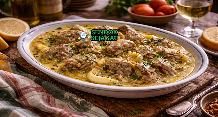 Agnello brodettato khas Italia dengan potongan daging domba empuk dalam saus telur-lemon creamy, disajikan di piring dengan parsley tabur