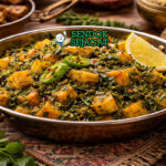 Aloo methi khas India dengan kentang dadu empuk berbalut daun methi hijau dan rempah pedas gurih, disajikan hangat di mangkuk