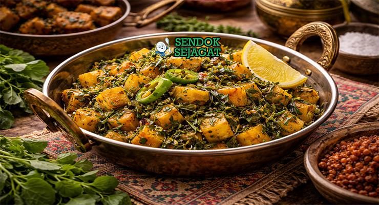 Aloo methi khas India dengan kentang dadu empuk berbalut daun methi hijau dan rempah pedas gurih, disajikan hangat di mangkuk