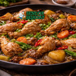 Hidangan Andong jjimdak Korea autentik dengan potongan ayam empuk berbalut saus manis pedas, mie kaca kenyal, kentang, wortel dan daun bawang di wajan besi yang menggugah selera