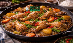 Hidangan Andong jjimdak Korea autentik dengan potongan ayam empuk berbalut saus manis pedas, mie kaca kenyal, kentang, wortel dan daun bawang di wajan besi yang menggugah selera