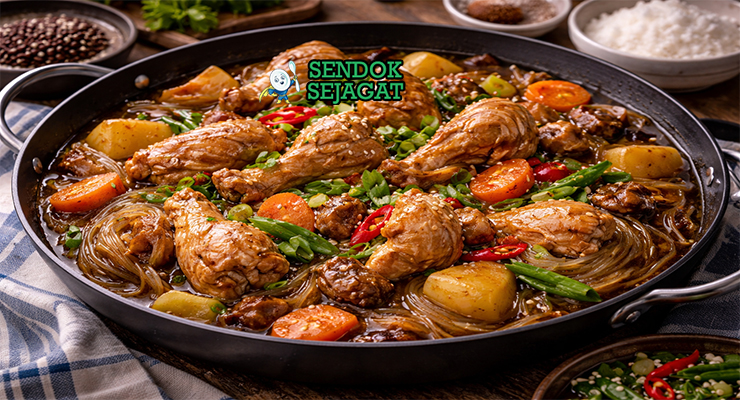 Hidangan Andong jjimdak Korea autentik dengan potongan ayam empuk berbalut saus manis pedas, mie kaca kenyal, kentang, wortel dan daun bawang di wajan besi yang menggugah selera