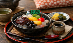 Anmitsu khas Jepang dengan kubus agar-agar kenyal, pasta kacang merah, ceri segar, kiwi, mandarin, dan sirup hitam disajikan di mangkuk kaca dengan es batu