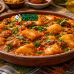 Asaro khas Nigeria dengan bubur ubi creamy berwarna oranye, taburan daun uziza, dan cabai segar disajikan di mangkuk