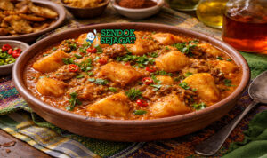 Asaro khas Nigeria dengan bubur ubi creamy berwarna oranye, taburan daun uziza, dan cabai segar disajikan di mangkuk