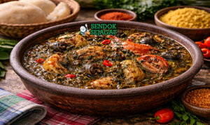 Atama soup khas Nigeria dengan kuah kental berwarna oranye dari palm nut, berisi daging, ikan, periwinkle, dan daun atama segar, disajikan hangat di mangkuk