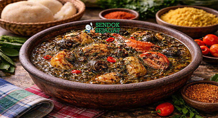 Atama soup khas Nigeria dengan kuah kental berwarna oranye dari palm nut, berisi daging, ikan, periwinkle, dan daun atama segar, disajikan hangat di mangkuk