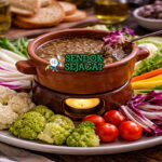 Bagna càuda khas Piemonte dengan saus anchovy hangat di mangkuk tanah liat, dikelilingi sayuran segar seperti cardoon, seledri, dan paprika