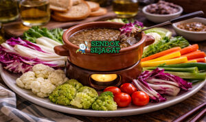 Bagna càuda khas Piemonte dengan saus anchovy hangat di mangkuk tanah liat, dikelilingi sayuran segar seperti cardoon, seledri, dan paprika