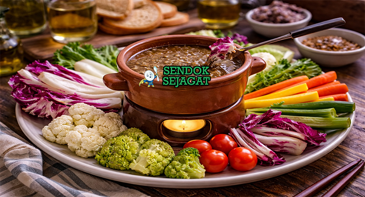 Bagna càuda khas Piemonte dengan saus anchovy hangat di mangkuk tanah liat, dikelilingi sayuran segar seperti cardoon, seledri, dan paprika