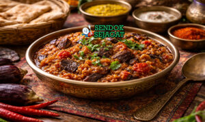 Baingan Ka Bharta Siap Sajian dengan Aroma Asap Menggoda Baingan ka bharta khas India dengan terong bakar dihaluskan menjadi creamy, dicampur bawang, tomat, dan rempah India, disajikan hangat di mangkuk