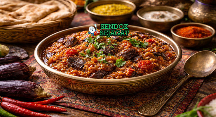 Baingan ka bharta khas India dengan terong bakar dihaluskan menjadi creamy, dicampur bawang, tomat, dan rempah India, disajikan hangat di mangkuk