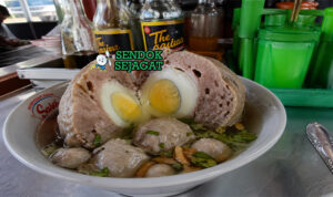 Semangkuk bakso telur khas Tasikmalaya dengan kuah bening, bakso besar berisi telur kuning di tengah, taburan daun bawang dan bawang goreng, tampilan hangat dan menggugah selera
