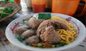 Bakso berwarna cokelat muda dengan potongan urat di dalamnya, disajikan dalam kuah bening dengan daun bawang dan bawang goreng