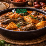 Banga soup khas Nigeria dengan kuah kental berwarna oranye dari palm nut, berisi daging, ikan, periwinkle, dan daun aromatik, disajikan hangat di mangkuk