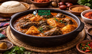 Banga soup khas Nigeria dengan kuah kental berwarna oranye dari palm nut, berisi daging, ikan, periwinkle, dan daun aromatik, disajikan hangat di mangkuk