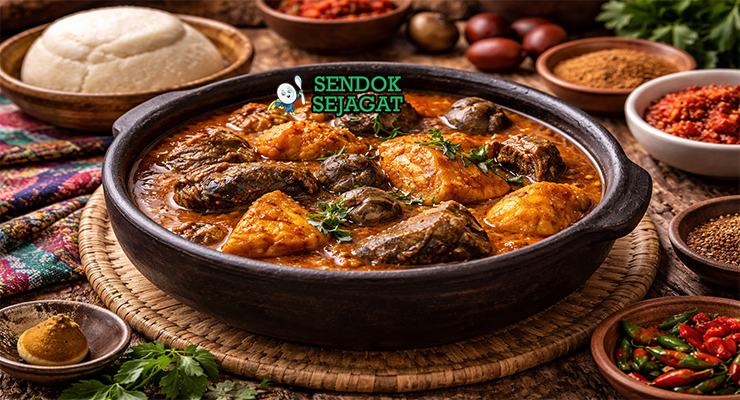 Banga soup khas Nigeria dengan kuah kental berwarna oranye dari palm nut, berisi daging, ikan, periwinkle, dan daun aromatik, disajikan hangat di mangkuk