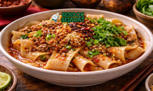 Biang biang noodles khas Tiongkok disajikan hangat di mangkuk keramik dengan taburan daun bawang, biji wijen, dan minyak cabai yang mengkilap