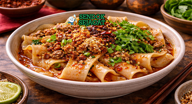 Biang biang noodles khas Tiongkok disajikan hangat di mangkuk keramik dengan taburan daun bawang, biji wijen, dan minyak cabai yang mengkilap