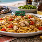 Blue Swimmer Crab Pasta khas Australia dengan spaghetti berbalut saus krim kepiting biru segar, taburan peterseli dan keju parmesan, disajikan hangat di piring