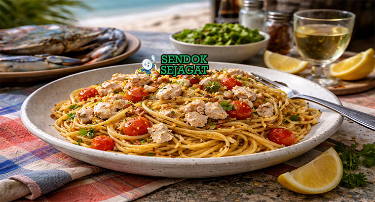 Blue Swimmer Crab Pasta khas Australia dengan spaghetti berbalut saus krim kepiting biru segar, taburan peterseli dan keju parmesan, disajikan hangat di piring