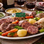 Bollito misto khas Italia dengan potongan daging sapi, ayam, lidah, dan sosis rebus disajikan di piring besar dengan salsa verde dan kaldu jernih