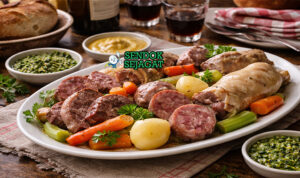 Bollito misto khas Italia dengan potongan daging sapi, ayam, lidah, dan sosis rebus disajikan di piring besar dengan salsa verde dan kaldu jernih