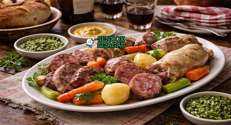 Bollito misto khas Italia dengan potongan daging sapi, ayam, lidah, dan sosis rebus disajikan di piring besar dengan salsa verde dan kaldu jernih