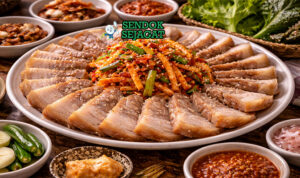 Hidangan bossam Korea autentik dengan irisan daging empuk juicy, daun selada hijau kriuk, kimchi merah, dan mangkuk ssamjang pedas di piring putih yang menggugah selera