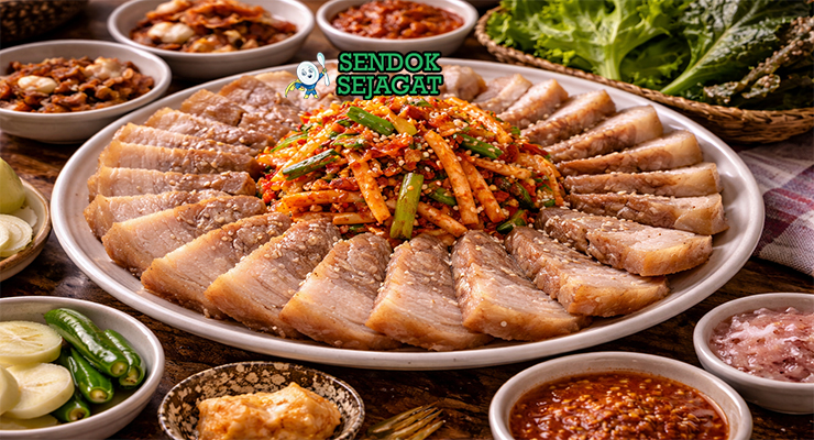 Hidangan bossam Korea autentik dengan irisan daging empuk juicy, daun selada hijau kriuk, kimchi merah, dan mangkuk ssamjang pedas di piring putih yang menggugah selera