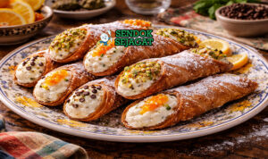 Cannoli Siciliani khas Italia dengan kulit renyah tabung, isi krim ricotta creamy, cokelat chip, dan pistachio cincang disajikan di piring putih