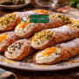 Cannoli Siciliani khas Italia dengan kulit renyah tabung, isi krim ricotta creamy, cokelat chip, dan pistachio cincang disajikan di piring putih