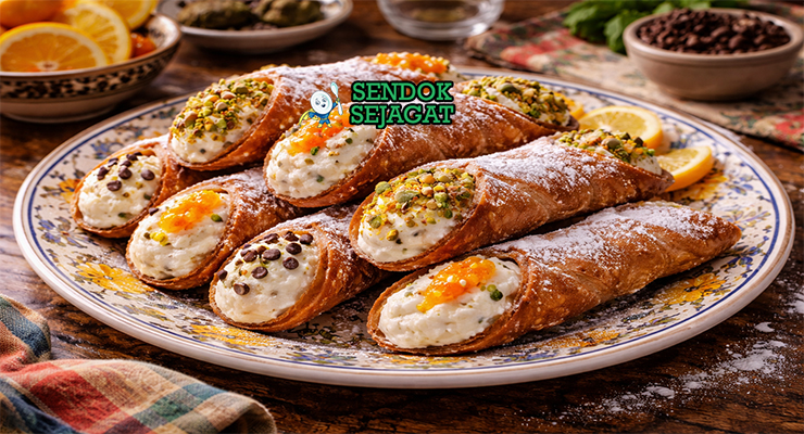 Cannoli Siciliani khas Italia dengan kulit renyah tabung, isi krim ricotta creamy, cokelat chip, dan pistachio cincang disajikan di piring putih