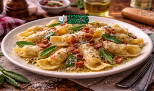 Piring casoncelli khas Bergamo berisi pasta isi berbentuk bulan sabit disiram mentega sage harum, taburan keju Parmesan dan pancetta crispy yang menggugah selera