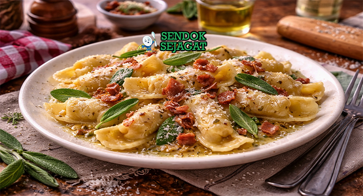 Piring casoncelli khas Bergamo berisi pasta isi berbentuk bulan sabit disiram mentega sage harum, taburan keju Parmesan dan pancetta crispy yang menggugah selera